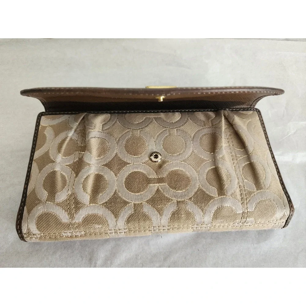 Coach Signature Jacquard Trifold Wallet Brown Tan Leather Horse Carriage Logo